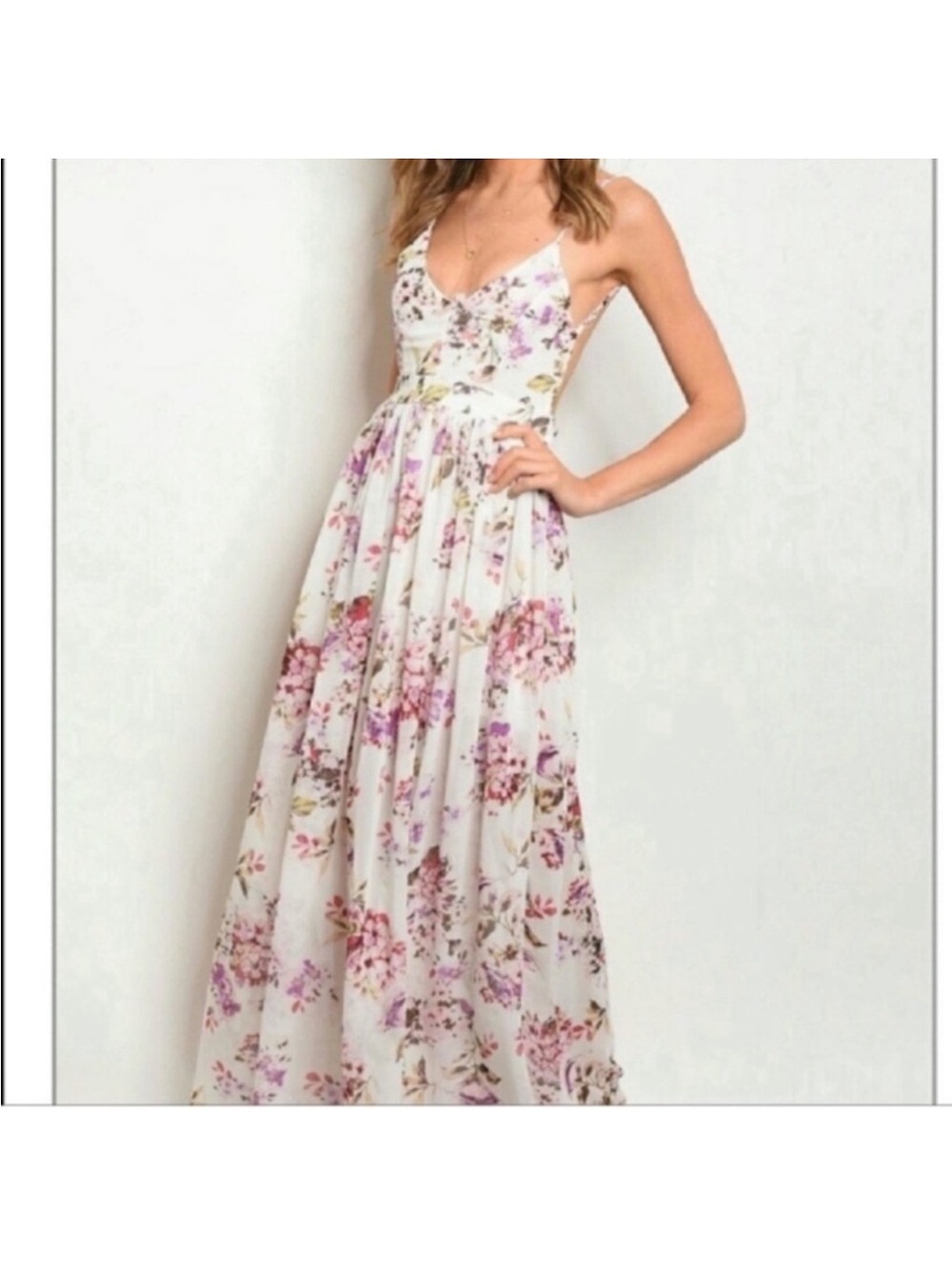 MISS AVENUE Chiffon Maxi Dress Floral Size S White Pink Spaghetti Strap V neck